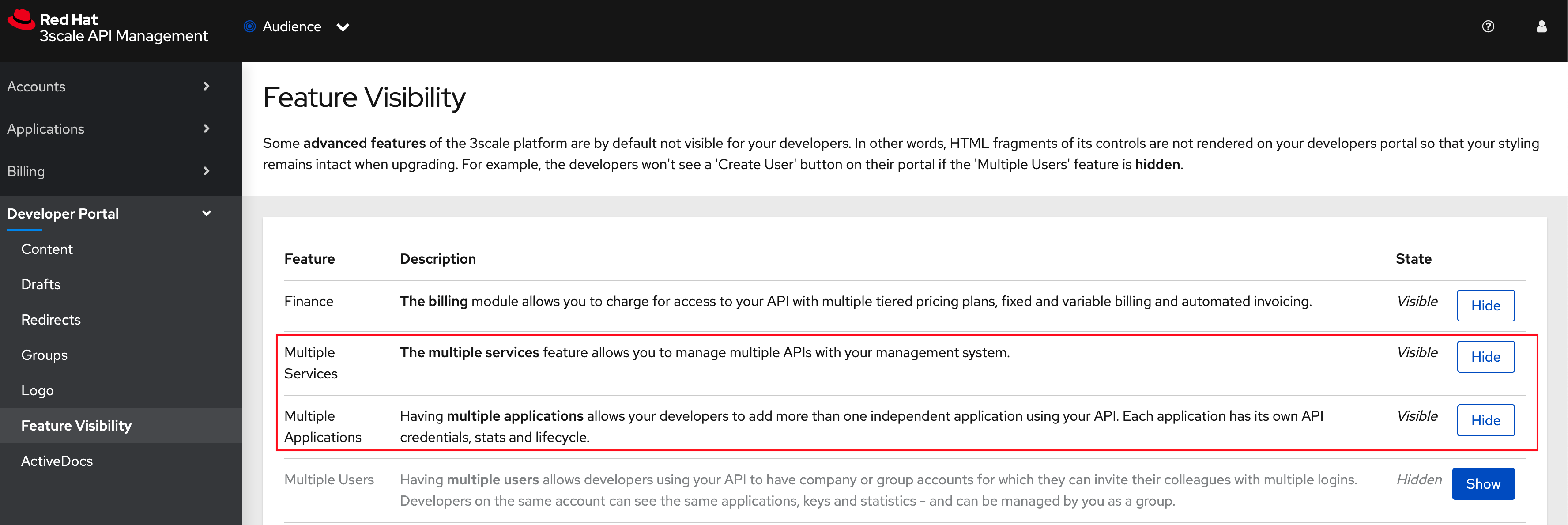 apim feature visibility