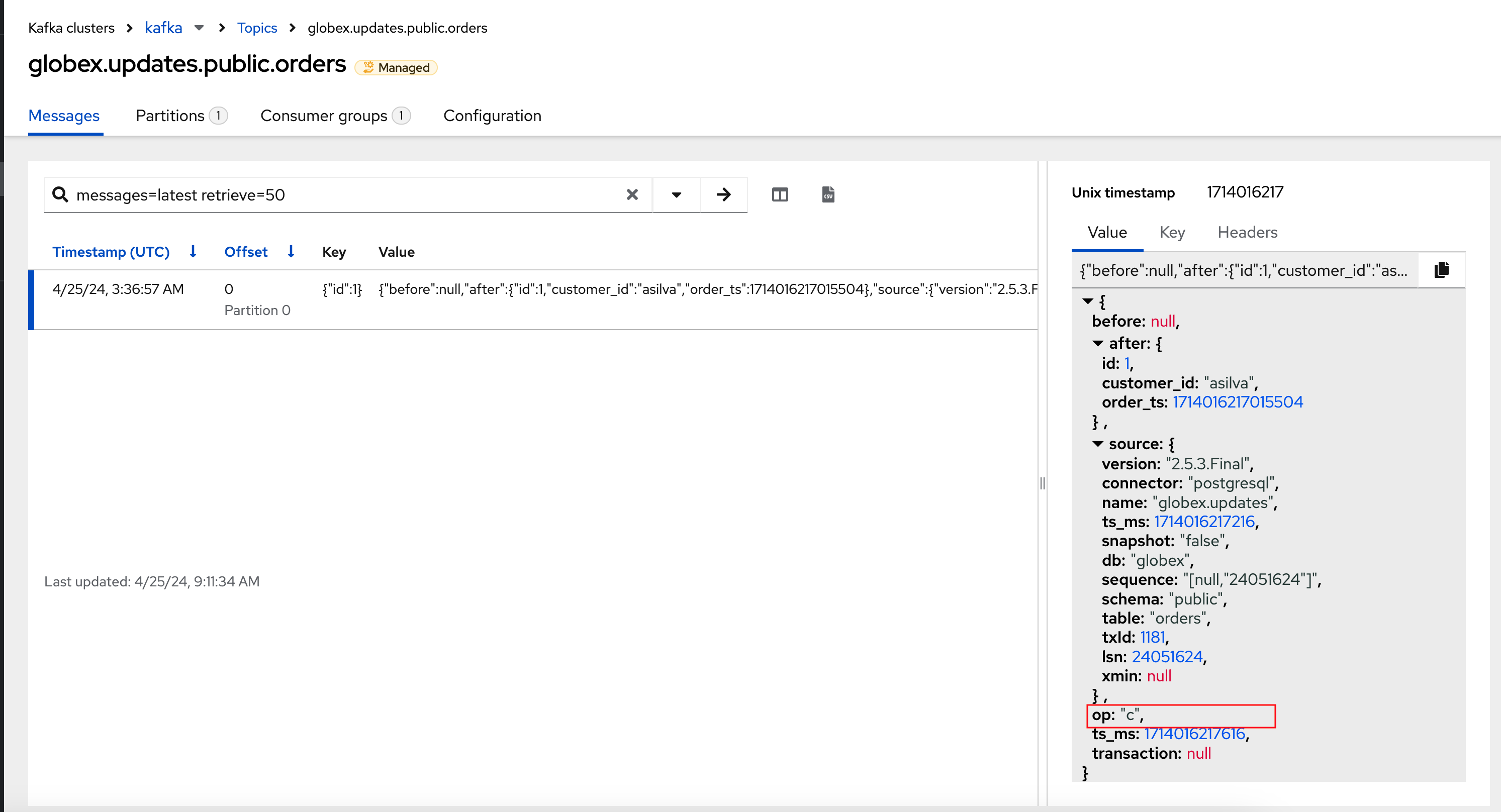 amq console debezium topic order details