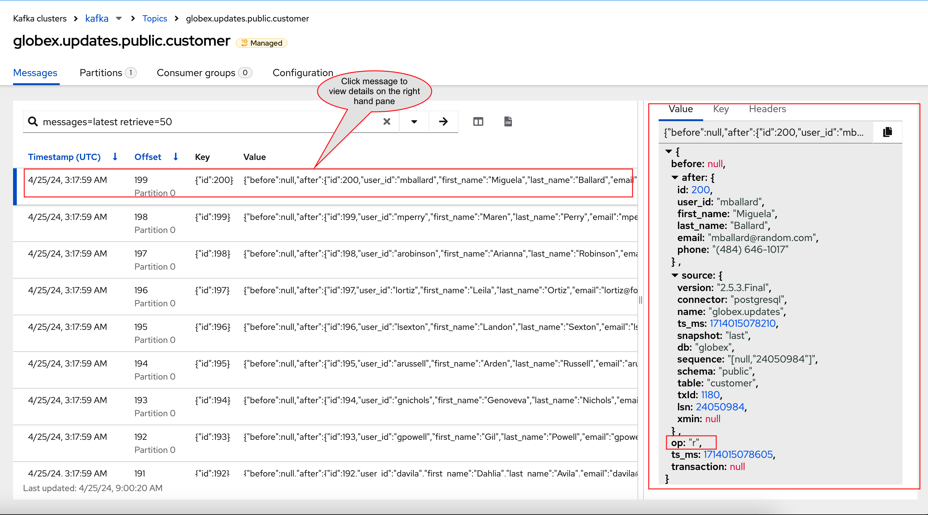 amqconsole debezium topic customers 200