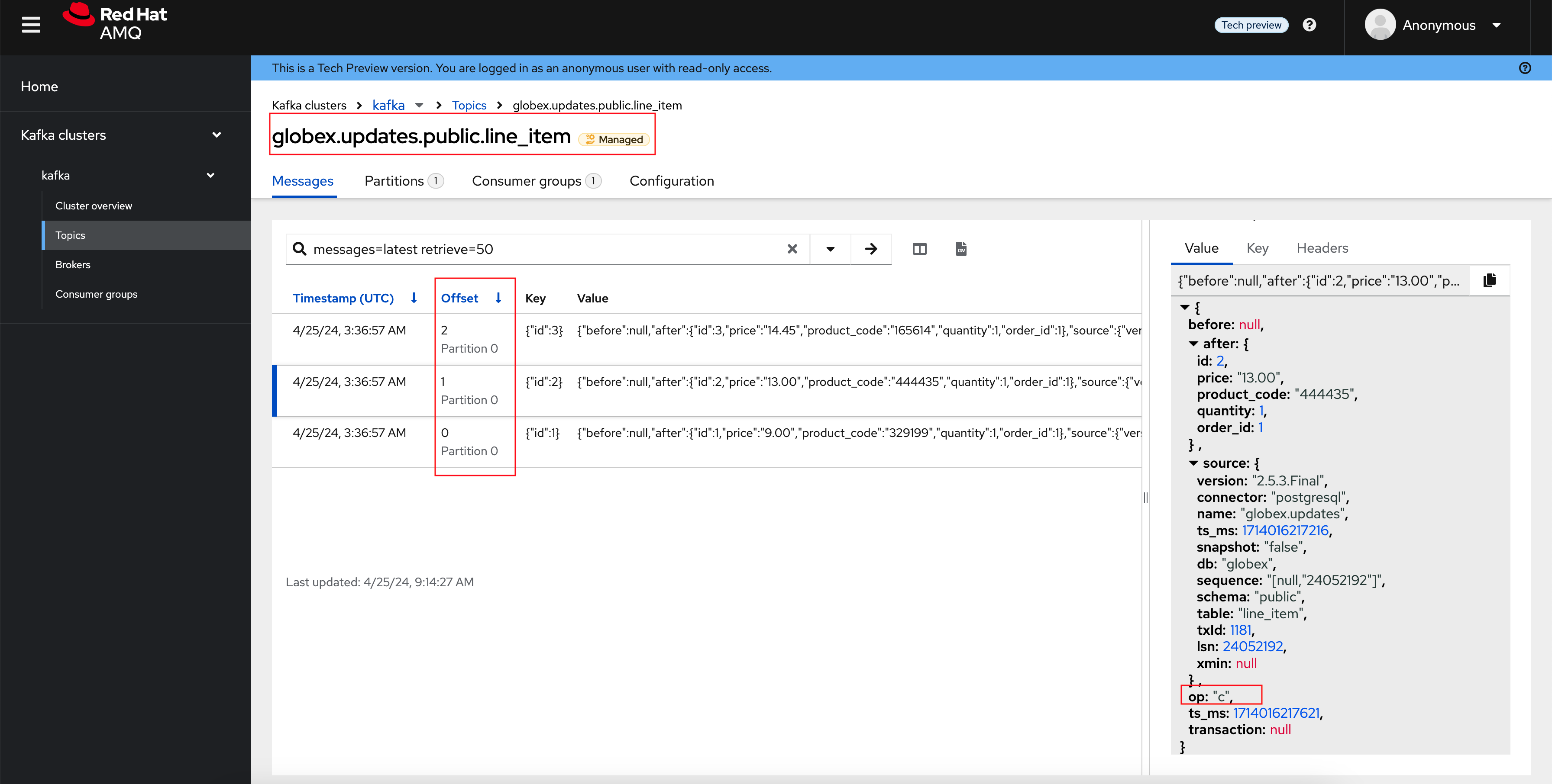 amqconsole debezium topic line items