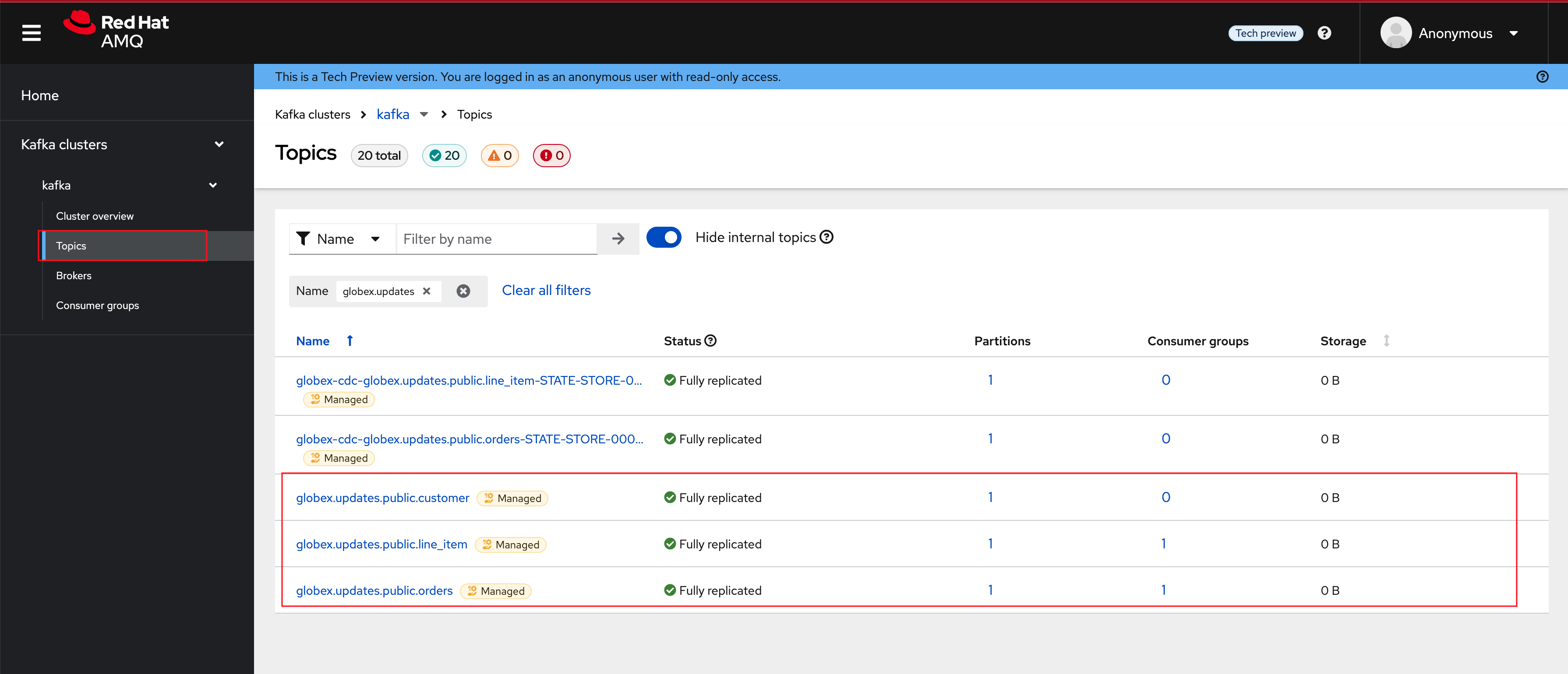 amqconsole debezium topics