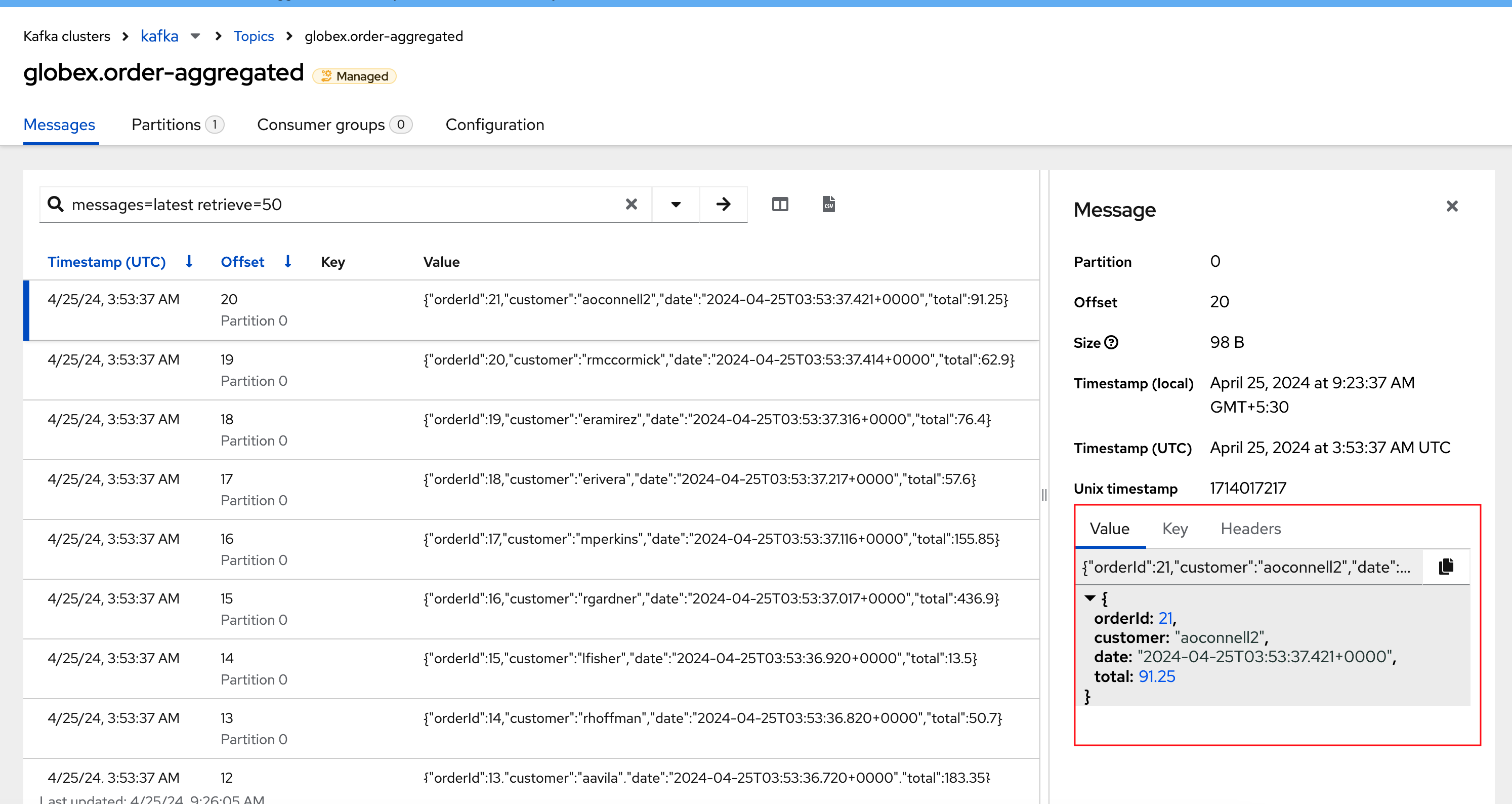 amqconsole order aggregated topic 2