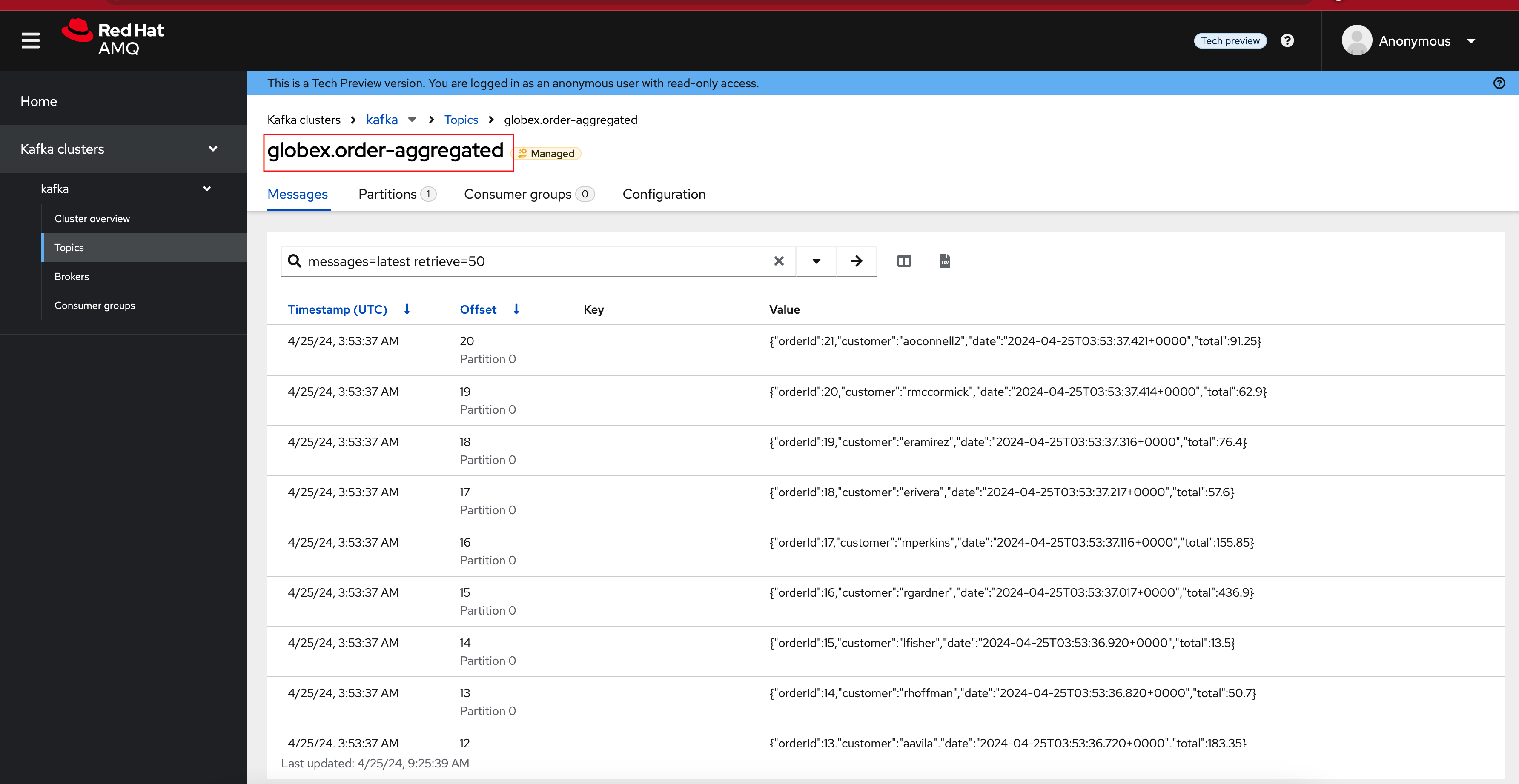 amqconsole order aggregated topic