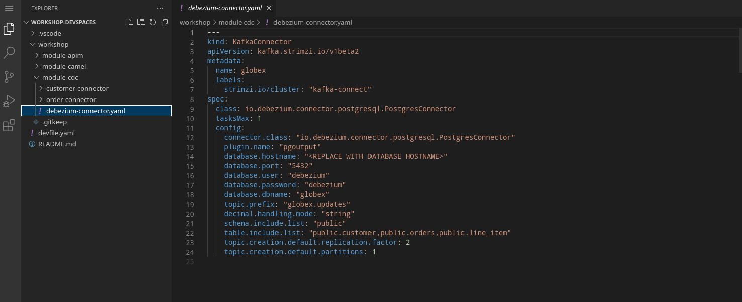 devspaces workspace debezium connector
