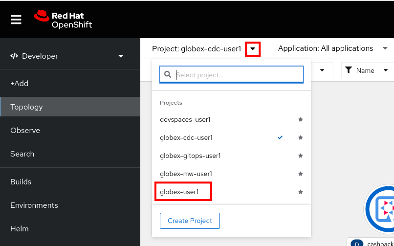 openshift console developer select namespace