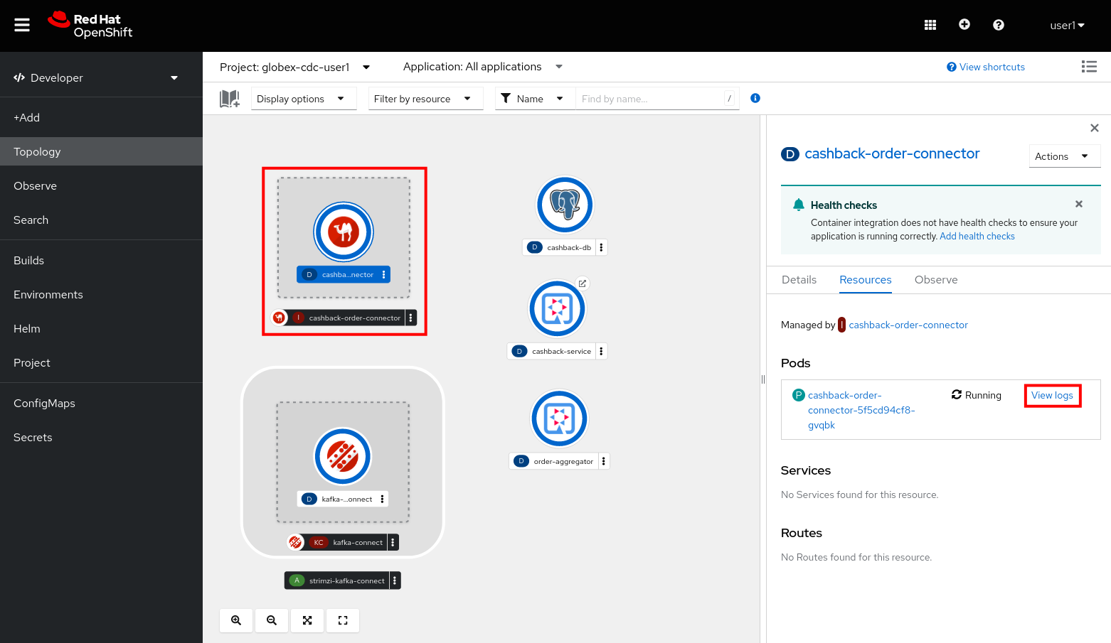 openshift console topology integration logs