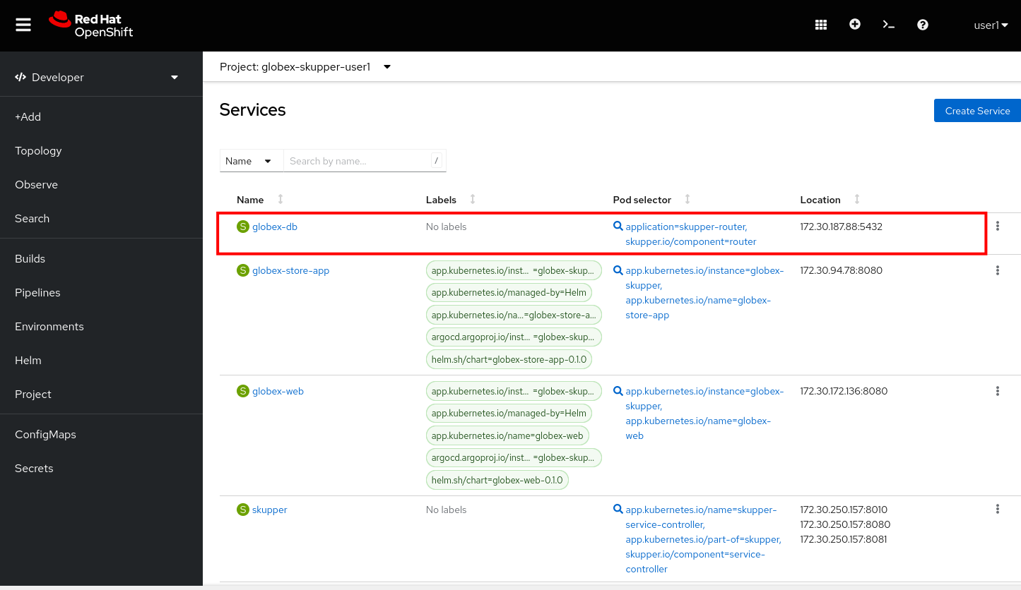 openshift console service skupper proxy